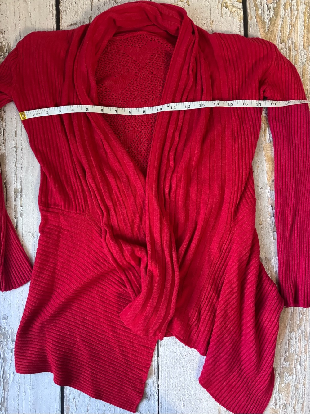 Open-Front Red Ribbed Draped Cardigan Sweater - Picture 2 of 5